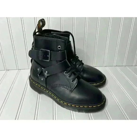 Dr Martens Christofor Leather Harness Black Boots Combat W 6 M 5 NEW No Box 1376 - Picture 2 of 7